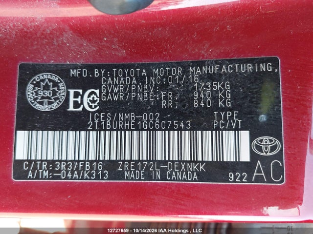2T1BURHE1GC607543 Toyota COROLLA LE