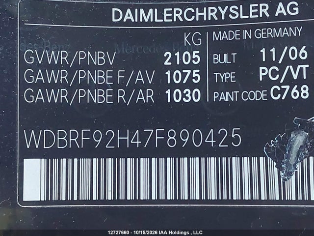 12727660 :رقم المزاد ، WDBRF92H47F890425 vin ، 2007 Mercedes-benz C 280 4mati مزاد بيع