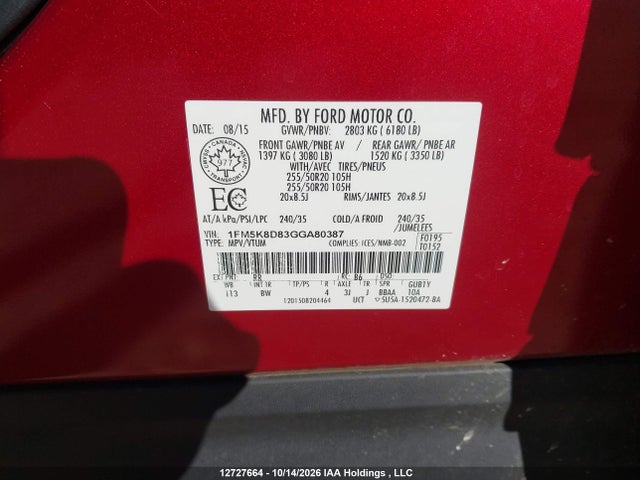 Продаж на аукціоні авто 2016 Ford Explorer Xlt, vin: 1FM5K8D83GGA80387, номер лоту: 12727664