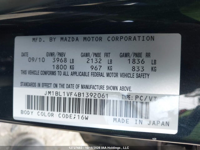 Aukcja sprzedaży 2011 Mazda 3 I, vin: JM1BL1VF4B1392061, numer aukcji: 12727683