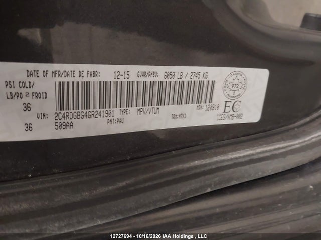 Aukcja sprzedaży 2016 Dodge Grand Caravan Se, vin: 2C4RDGBG4GR241901, numer aukcji: 12727694