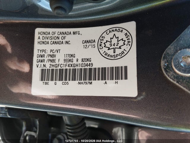 12727703 :رقم المزاد ، 2HGFC1F4XGH103449 vin ، 2016 Honda Civic Ex مزاد بيع