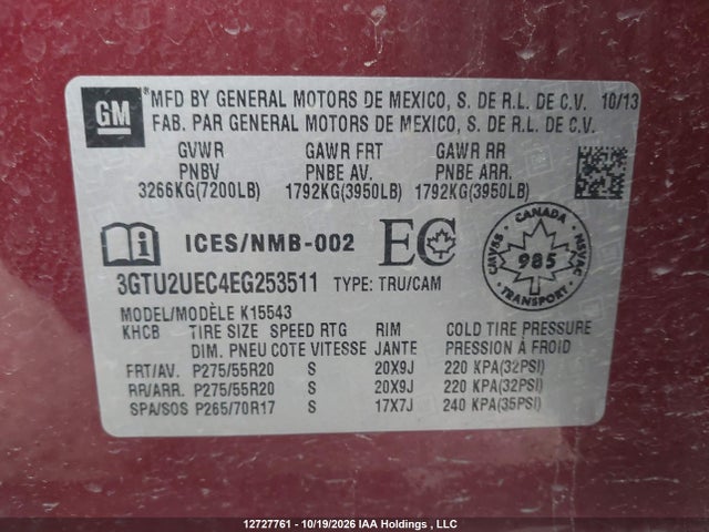 Aukcja sprzedaży 2014 Gmc Sierra 1500 Sle, vin: 3GTU2UEC4EG253511, numer aukcji: 12727761