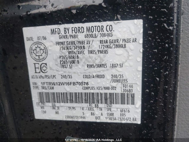 Продаж на аукціоні авто 2006 Ford F-150 Xlt, vin: 1FTRW12W16FB70578, номер лоту: 12727793