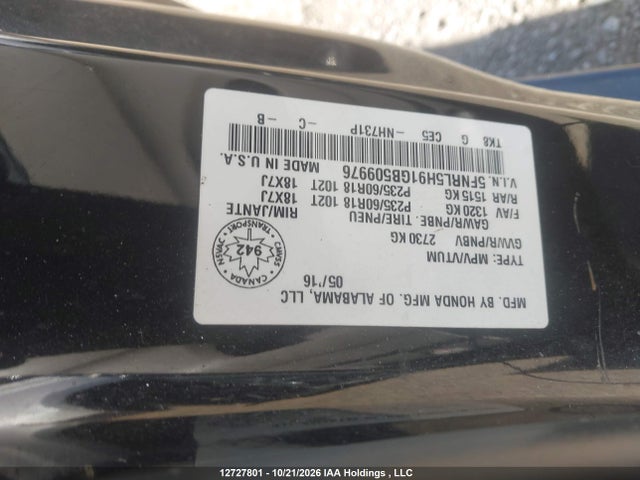 12727801 :رقم المزاد ، 5FNRL5H91GB509976 vin ، 2016 Honda Odyssey Touring مزاد بيع