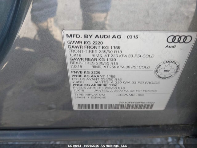 12719053 :رقم المزاد ، WA1GFEFS0FR014420 vin ، 2015 Audi Q3 Prestige مزاد بيع