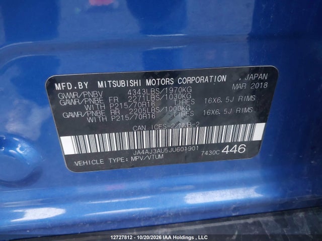 Продаж на аукціоні авто 2018 Mitsubishi Rvr Se, vin: JA4AJ3AU5JU601901, номер лоту: 12727812