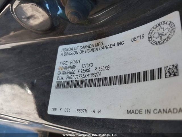 Honda Civic Touring 2019 2HGFC1F95KH105274 Image 9