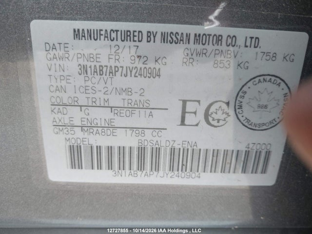3N1AB7AP7JY240904 Nissan Sentra 1.8 S/1.8 Sv/1.8 Sv Midnight Edition