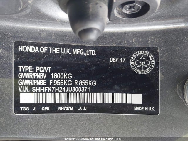 2018 Honda Civic Lx მანქანა იყიდება აუქციონზე, vin: SHHFK7H24JU300371, აუქციონის ნომერი: 12680012