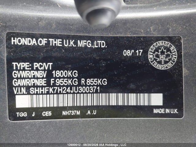2018 Honda Civic Lx მანქანა იყიდება აუქციონზე, vin: SHHFK7H24JU300371, აუქციონის ნომერი: 12680012