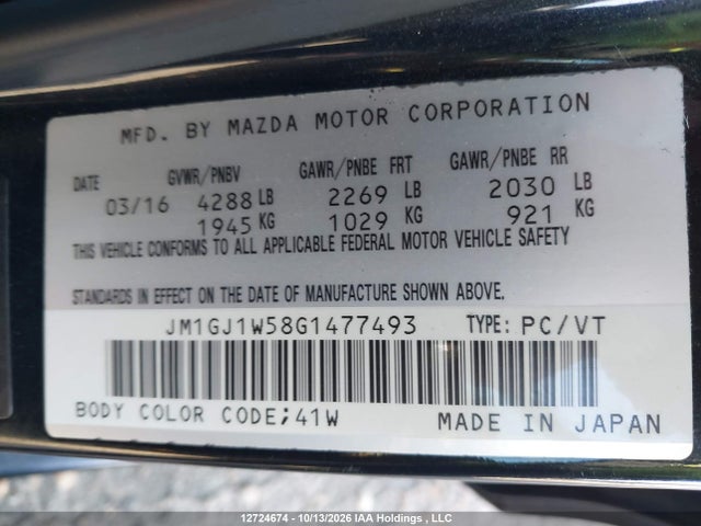 Aukcja sprzedaży 2016 Mazda Mazda6 Gt, vin: JM1GJ1W58G1477493, numer aukcji: 12724674
