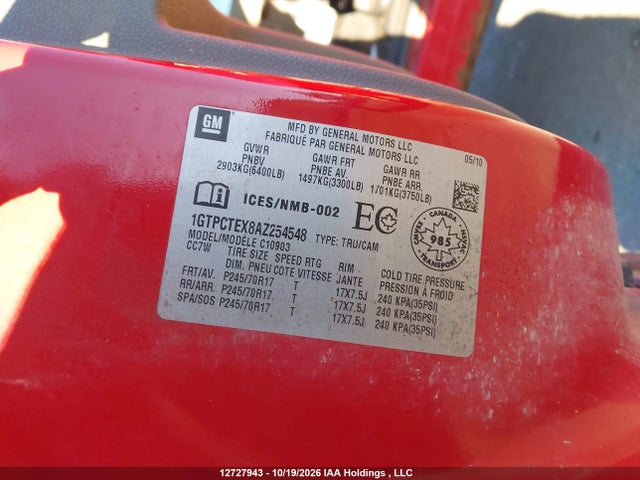 12727943 :رقم المزاد ، 1GTPCTEX8AZ254548 vin ، 2010 Gmc Sierra 1500 Wt مزاد بيع