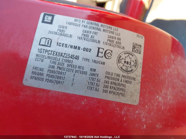 12727943 :رقم المزاد ، 1GTPCTEX8AZ254548 vin ، 2010 Gmc Sierra 1500 Wt مزاد بيع