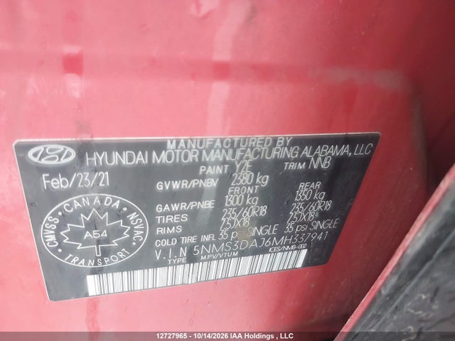 12727965 :رقم المزاد ، 5NMS3DAJ6MH337941 vin ، 2021 Hyundai Santa Fe Preferred Awd With Trend Package مزاد بيع
