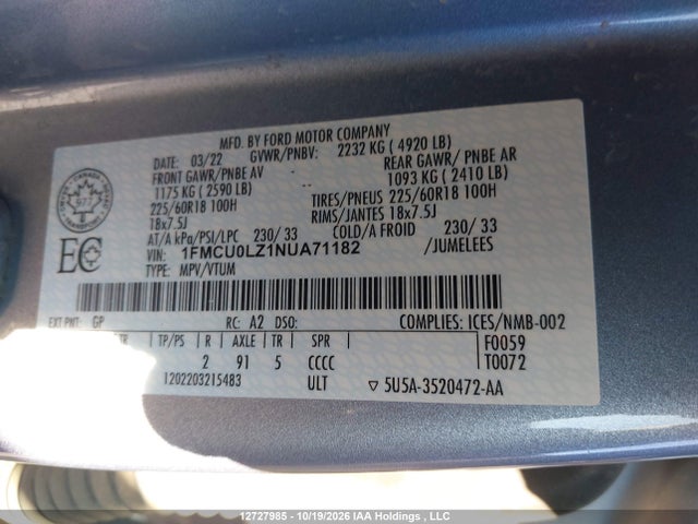 12727985 :رقم المزاد ، 1FMCU0LZ1NUA71182 vin ، 2022 Ford Escape Phev Titanium مزاد بيع