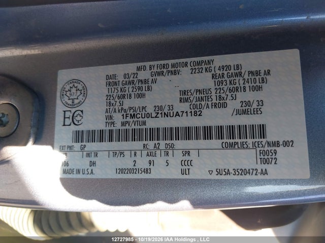 12727985 :رقم المزاد ، 1FMCU0LZ1NUA71182 vin ، 2022 Ford Escape Phev Titanium مزاد بيع