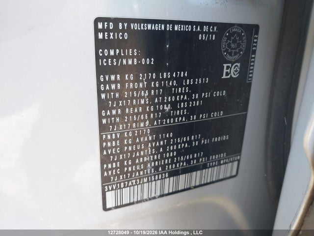 Продаж на аукціоні авто 2018 Volkswagen Tiguan Trendline, vin: 3VV1B7AX3JM158836, номер лоту: 12728049