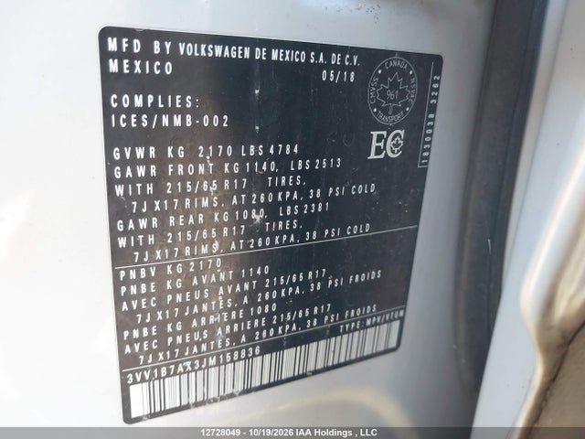 Продаж на аукціоні авто 2018 Volkswagen Tiguan Trendline, vin: 3VV1B7AX3JM158836, номер лоту: 12728049