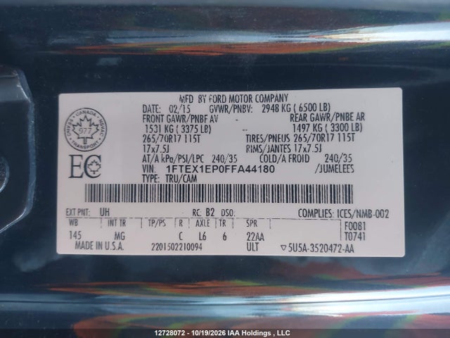 2015 Ford F-150 Xlt მანქანა იყიდება აუქციონზე, vin: 1FTEX1EP0FFA44180, აუქციონის ნომერი: 12728072