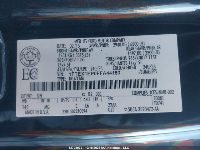 2015 Ford F-150 Xlt მანქანა იყიდება აუქციონზე, vin: 1FTEX1EP0FFA44180, აუქციონის ნომერი: 12728072