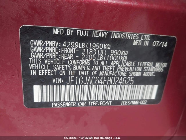 Продаж на аукціоні авто 2014 Subaru Impreza Premium, vin: JF1GJAC64EH024625, номер лоту: 12728126