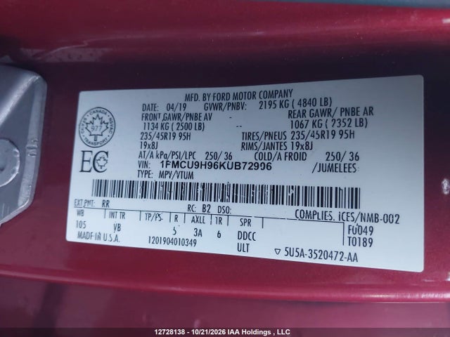 Ford ESCAPE SEL 2019 1FMCU9H96KUB72906 Image 18