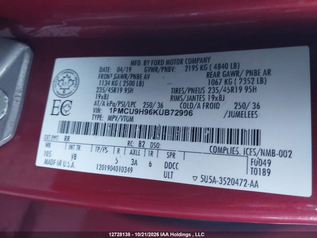 Ford ESCAPE SEL 2019 1FMCU9H96KUB72906 Image 9