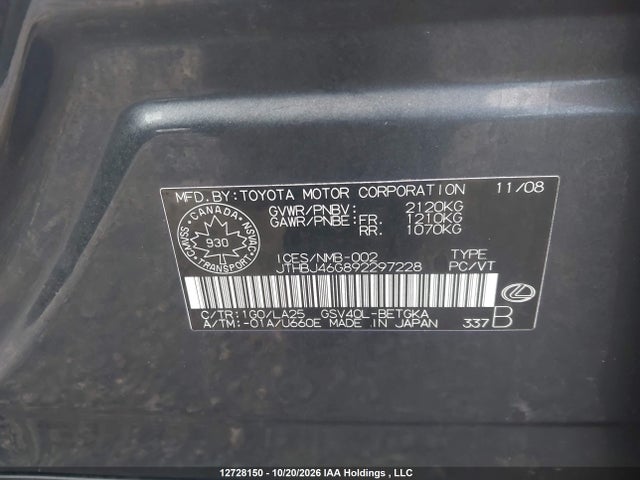 Aukcja sprzedaży 2009 Lexus Es 350 350, vin: JTHBJ46G892297228, numer aukcji: 12728150