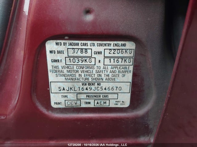 Продажа на аукционе авто 1988 Jaguar Xj6 Sovereign, vin: SAJKL1649JC546670, номер лота: 12728208