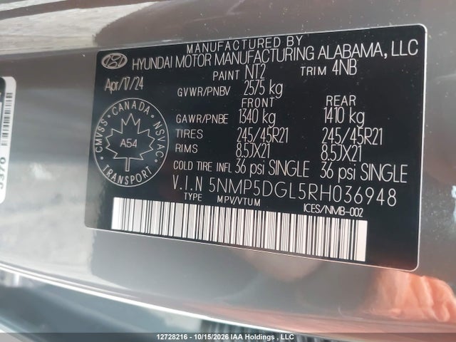 Продаж на аукціоні авто 2024 Hyundai Santa Fe Ultimate Calligraphy, vin: 5NMP5DGL5RH036948, номер лоту: 12728216