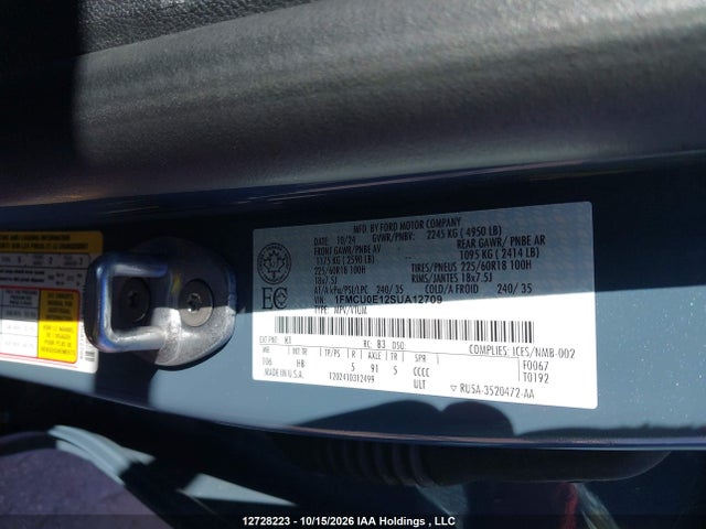 2025 Ford Escape Phev მანქანა იყიდება აუქციონზე, vin: 1FMCU0E12SUA12709, აუქციონის ნომერი: 12728223