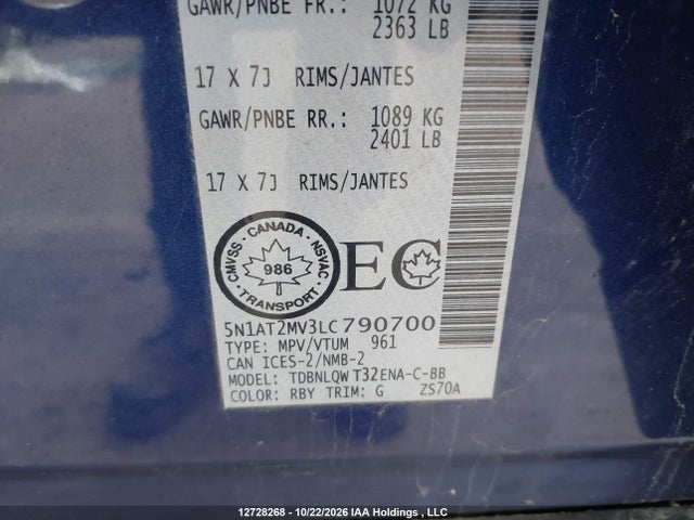 5N1AT2MV3LC790700 Nissan Rogue S/sl/sv
