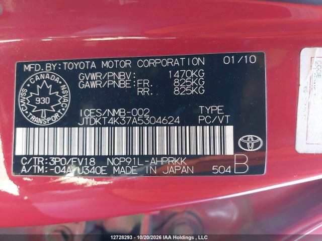 Aukcja sprzedaży 2010 Toyota Yaris, vin: JTDKT4K37A5304624, numer aukcji: 12728293