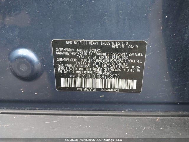 Продажа на аукционе авто 2011 Subaru Forester 2.5 X Limited Package, vin: JF2SHCDC6BH708072, номер лота: 12728358
