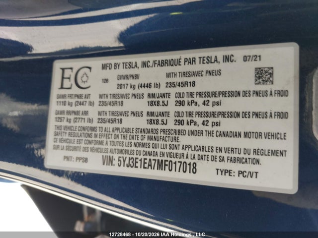 Продаж на аукціоні авто 2021 Tesla Model 3 Standard Range/standard Range Plus, vin: 5YJ3E1EA7MF017018, номер лоту: 12728468