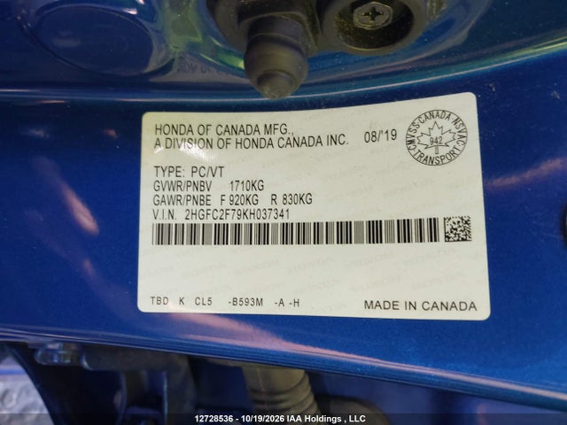 Honda CIVIC EX 2019 2HGFC2F79KH037341 Image 9