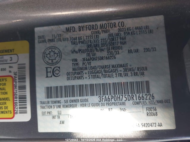 12728543 :رقم المزاد ، 3FA6P0H75DR166226 vin ، 2013 Ford Fusion Se مزاد بيع