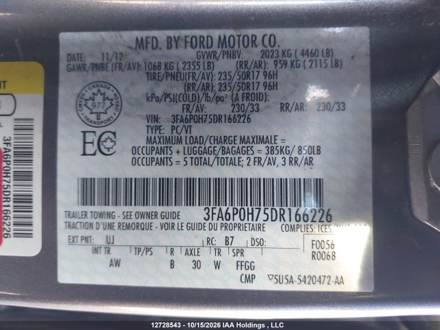 12728543 :رقم المزاد ، 3FA6P0H75DR166226 vin ، 2013 Ford Fusion Se مزاد بيع