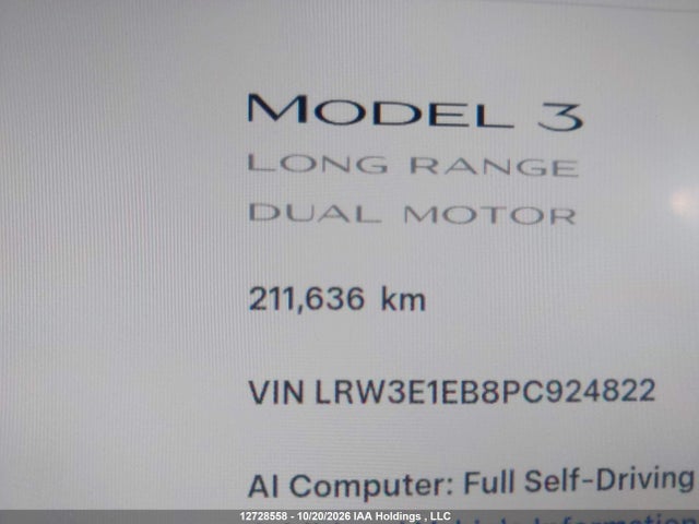 Auction sale of the 2023 Tesla Model 3 Long Range, vin: LRW3E1EB8PC924822, lot number: 12728558