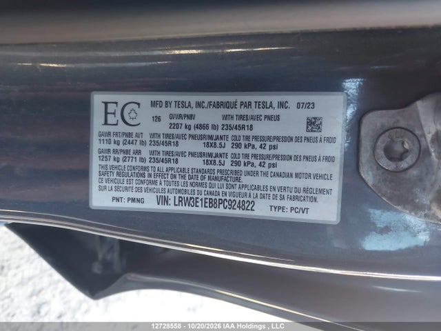 Auction sale of the 2023 Tesla Model 3 Long Range, vin: LRW3E1EB8PC924822, lot number: 12728558