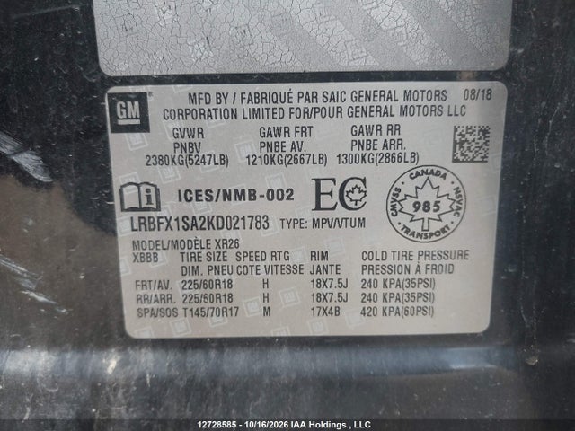 Auction sale of the 2019 Buick Envision Preferred, vin: LRBFX1SA2KD021783, lot number: 12728585