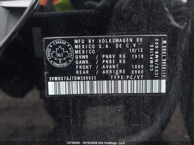 Auction sale of the 2013 Volkswagen Jetta 2.5l Comfortline/2.5l Sportline, vin: 3VWDX7AJ7DM388633, lot number: 12728588