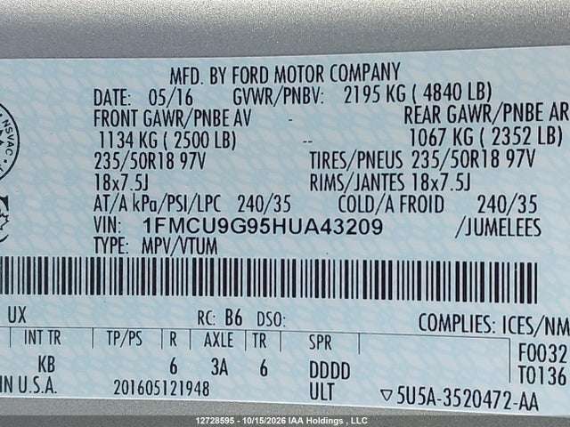 Ford ESCAPE SE 2017 1FMCU9G95HUA43209 Image 9