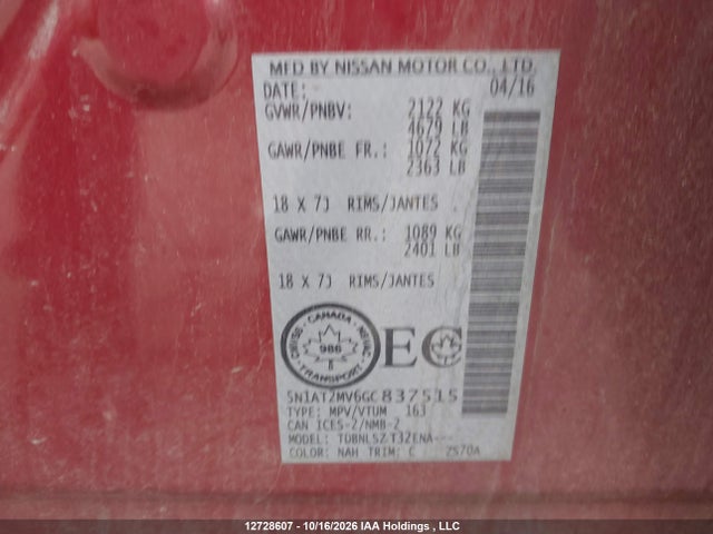 Aukcja sprzedaży 2016 Nissan Rogue, vin: 5N1AT2MV6GC837515, numer aukcji: 12728607