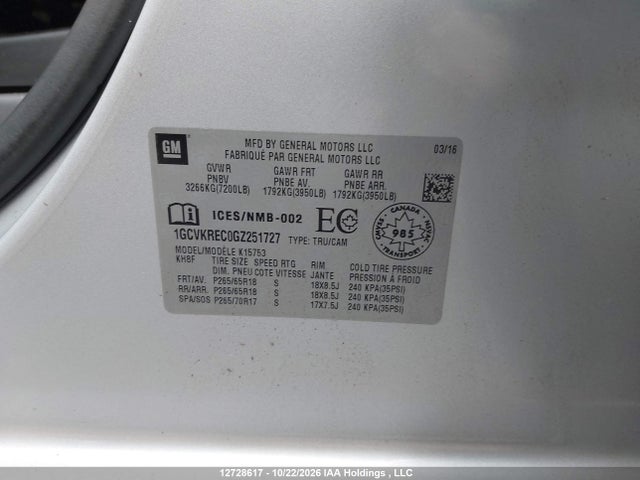 Aukcja sprzedaży 2016 Chevrolet Silverado 1500 2lt, vin: 1GCVKREC0GZ251727, numer aukcji: 12728617