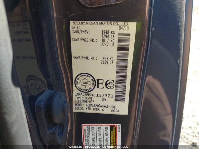 Auction sale of the 2010 Nissan Altima 2.5 S, vin: 1N4AL2EP2AC157323, lot number: 12728626