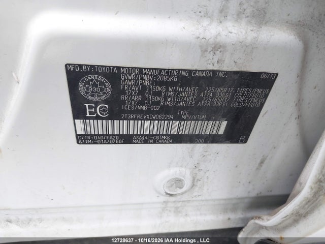 2013 Toyota Rav4 Xle მანქანა იყიდება აუქციონზე, vin: 2T3RFREVXDW062294, აუქციონის ნომერი: 12728637