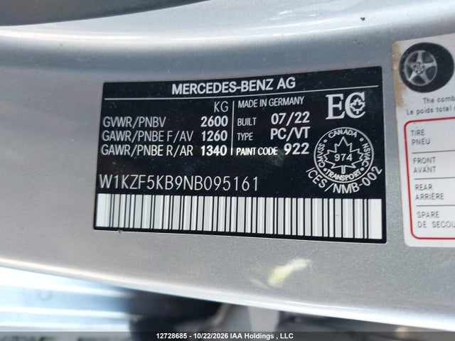 12728685 :رقم المزاد ، W1KZF5KB9NB095161 vin ، 2022 Mercedes-benz E 450 4matic مزاد بيع