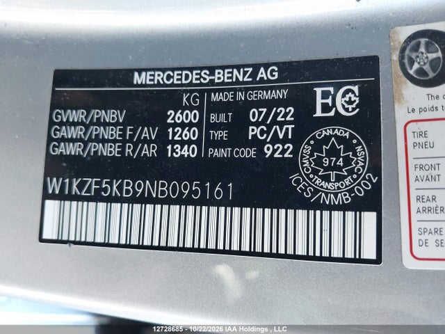 12728685 :رقم المزاد ، W1KZF5KB9NB095161 vin ، 2022 Mercedes-benz E 450 4matic مزاد بيع